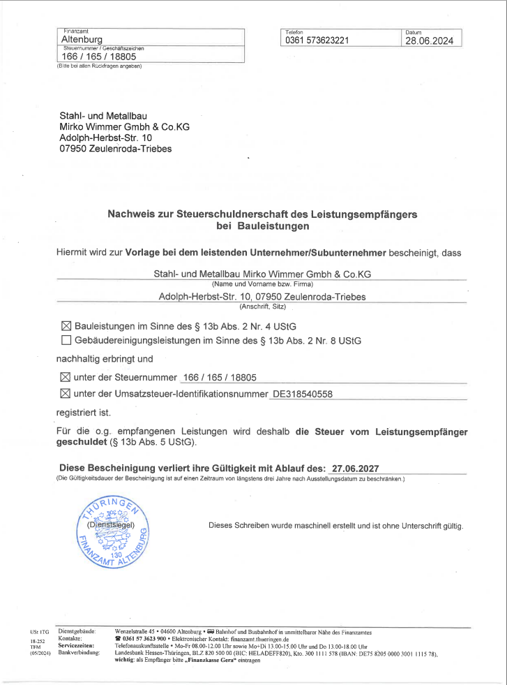 Vorschaubild des Dokuments Nachweis Steuerschuldnerschaft