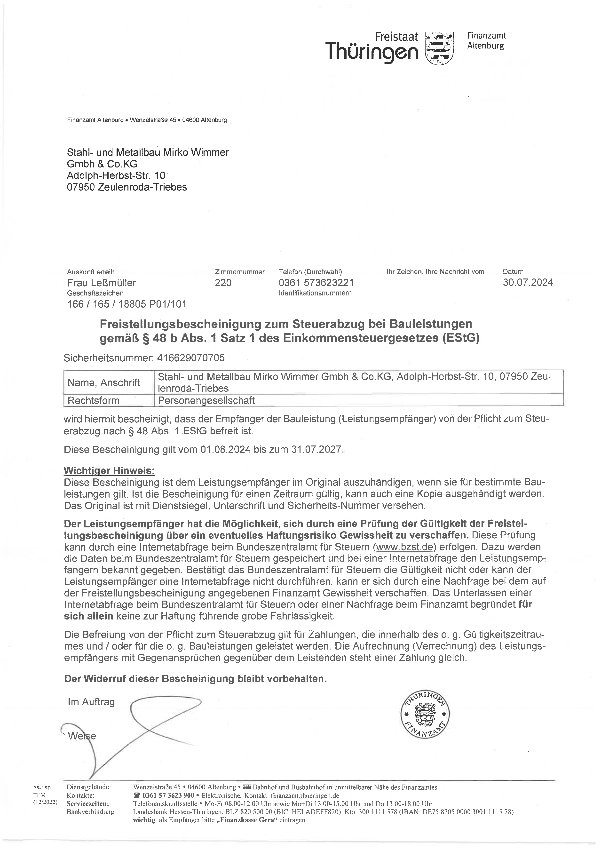 Vorschaubild des Dokuments Freistellungsbescheinigung